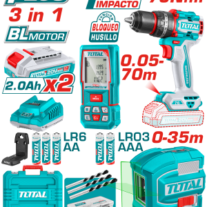 COMBO 3 EN 1 TALADRO IMPACTO 76NM + NIVEL LASER + MEDIDOR DISTANCIA 2X2.0AH + ACC INDUSTRIAL