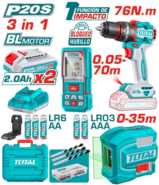 COMBO 3 EN 1 TALADRO IMPACTO 76NM + NIVEL LASER + MEDIDOR DISTANCIA 2X2.0AH + ACC INDUSTRIAL