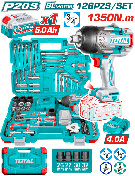 SET LLAVE DE IMPACTO 1350NM 20V + HERRAMIETAS 1X5.0AH (126PCS ) INC MALETING INDUSTRIAL