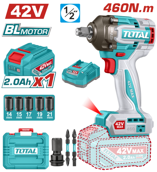 LLAVE IMPACTO BRUSHLESS 42V 460NM 1/2” 2900BPM BRUSHLESS 1X2.0AH +ACC MALETIN INDUSTRIAL