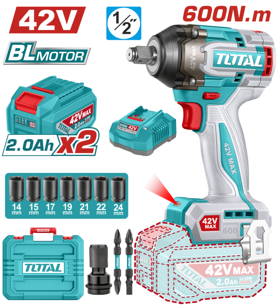 LLAVE IMPACTO BRUSHLESS 42V 600NM 1/2” 2900BPM BRUSHLESS 2X2.0AH +ACC MALETIN INDUSTRIAL