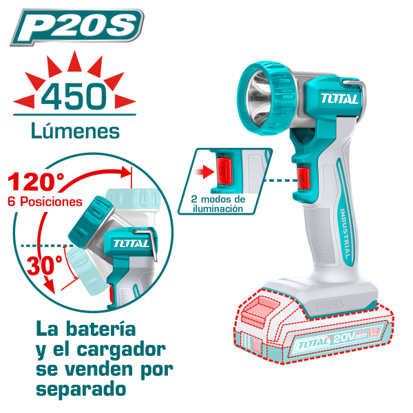 LINTERNA DE TRABAJO 20V LED:8W P20S 450LUM GIRO 120º INDUSTRIAL