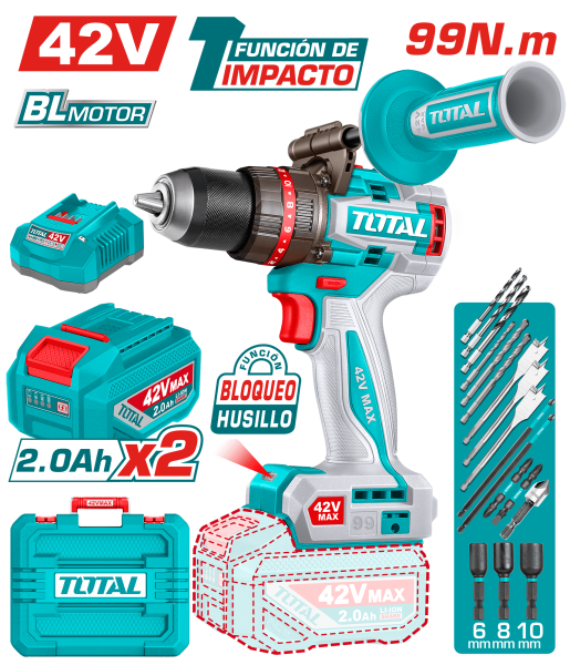 TALADRO PERCUTOR 42V 99NM 13MM 2X2.0AH BRUSHLESS +ACC MALETIN INDUSTRIAL