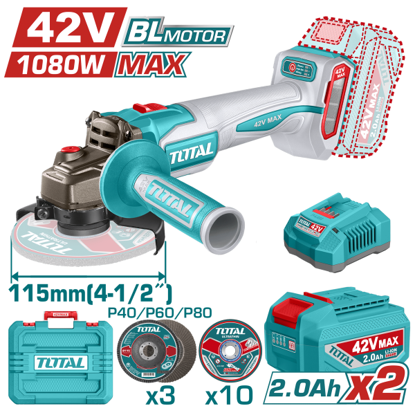 AMOLADORA 42V BLMOTOR 3000-9000RPM 115MM M14 1080WMAX 2X2.0AH +ACC MALETIN INDUSTRIAL