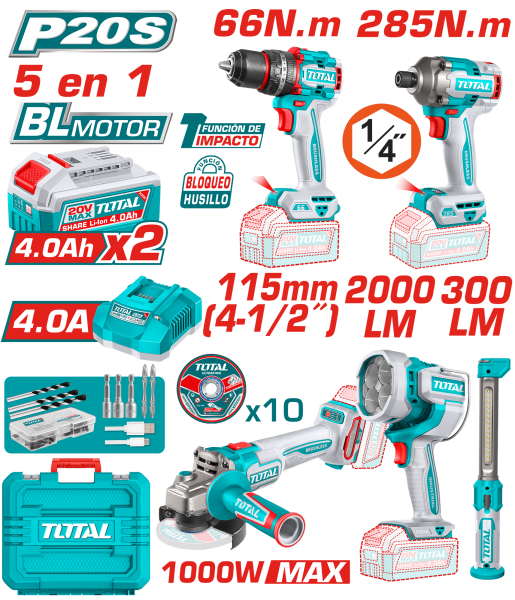 COMBO 5 EN 1 TALADRO PR. 66NM + DES.IMP 285NM + AMOLADORA 1000W + LINT. 2000 + LINT. 300LM +ACC INDUSTRIAL