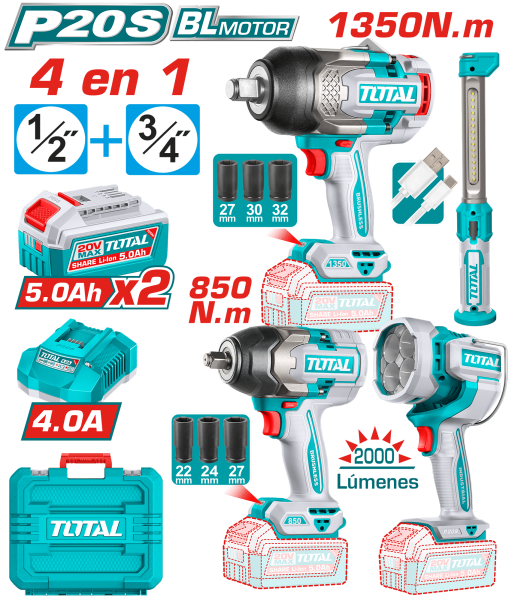 COMBO 4 EN 1 LLAVE IMPACTO 1350NM Y 850NM + LINTERNA 2000LM + LINTERNA TRABAJO 2X5.0AH + MALETIN INDUSTRIAL