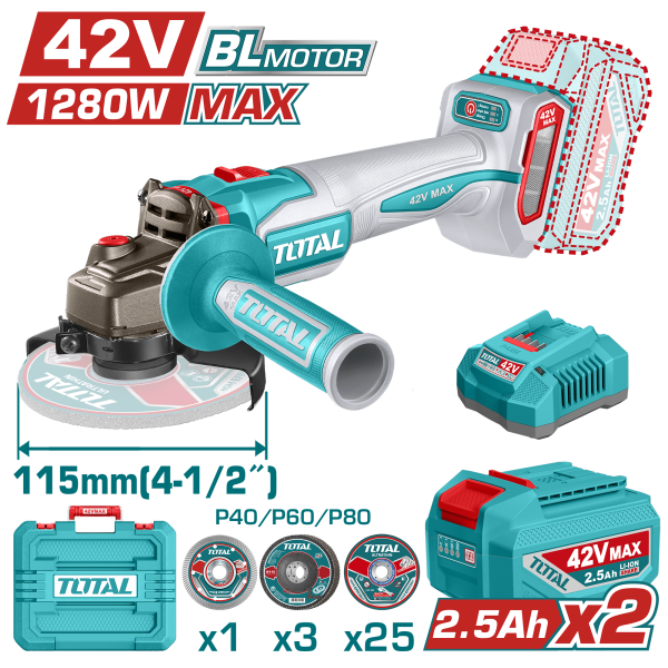 AMOLADORA 42V BLMOTOR 3000/6500/10000RPM 115MM M14 1280WMAX 2X2.5AH +ACC MALETIN INDUSTRIAL