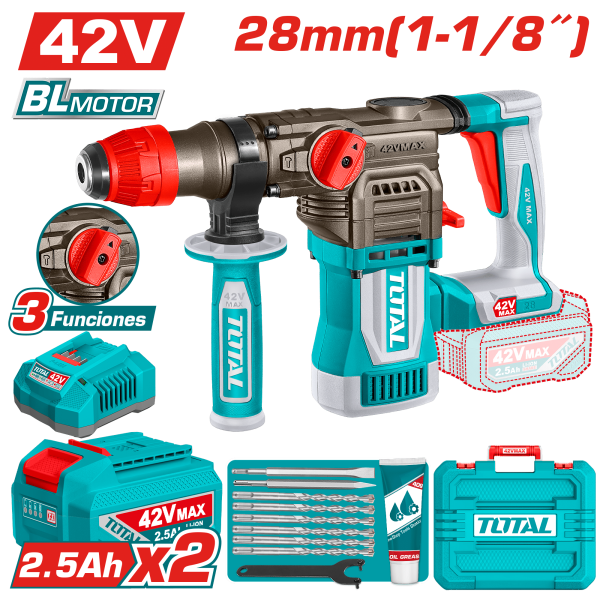 ROTOMARTILLO SDS+ 42V 28MM 4.5J 0-4400BPM BRUSHLESS 2X2.5AH +ACC MALETIN INDUSTRIAL