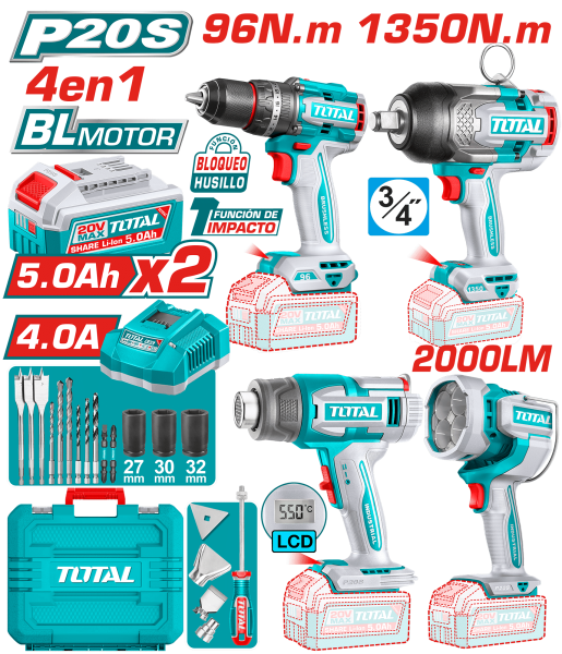 COMBO 4 EN 1 TALADRO PER. 96NM + LLAVE IMP. 1350NM + P.CALOR LCD + LINTERNA 2000LM + ACC+MAL INDUSTRIAL