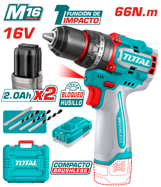 TALADRO PERCUTOR 16V 66NM 13MM 22+1+1 2X2.0AH + ACC + MALETIN INDUSTRIAL