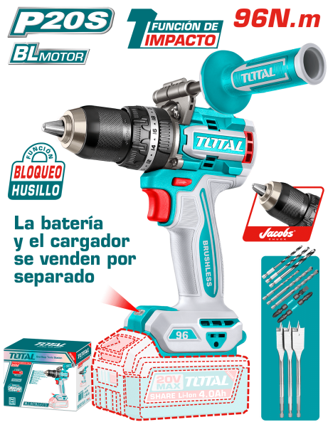 TALADRO PERCUTOR LI-ION 20V 96NM 13MM BRUSHLESS +ACC Y MANGO MALETIN INDUSTRIAL
