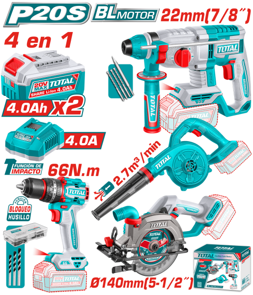 COMBO 4 EN 1 ROTOMARTILLO 22MM + TALADRO IMP. 66NM + SOPLADOR + SIERRA 2X4.0AH + ACC