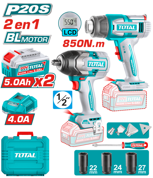 COMBO 2 EN 1 20V PISTOLA CALOR + LLAVE IMPACTO 850NM 2X5.0AH MALETIN + ACC INDUSTRIAL