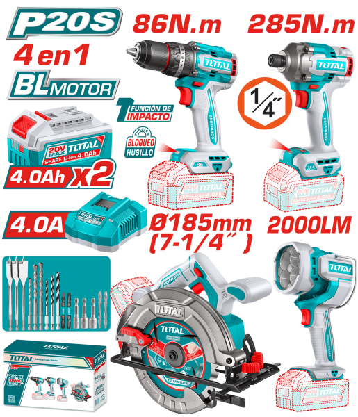 COMBO (4EN1) 20V BL TALADRO 86NM + ATORNILLADOR IMP 285NM + SIERRA 185MM + LINTERNA 2000LM +ACC INDUSTRIAL
