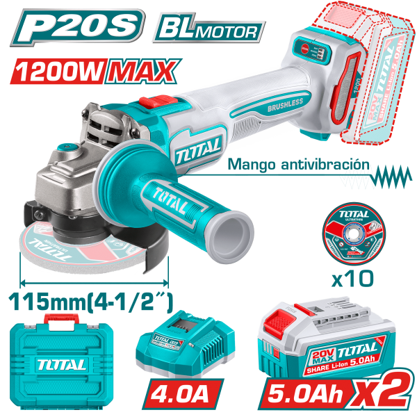 AMOLADORA 20V BL 3000-9000RPM 115MM M14 1200W ANTI-VIBRACION 2X5.0AH +ACC INDUSTRIAL