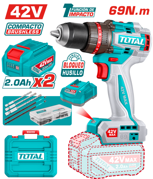TALADRO PERCUTOR 42V 69NM 13MM 2X2.0AH BRUSHLESS +ACC MALETIN INDUSTRIAL