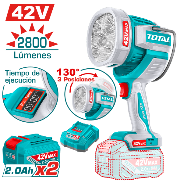 LINTERNA DE TRABAJO 42V 2800LM 130º 3P 2X2.0AH INDUSTRIAL