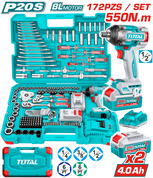 SET LLAVE IMPACTO 550NM 2X4.0AH + HERRAMIENTAS (172 PIEZAS) + MALETIN INDUSTRIAL