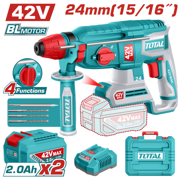 ROTOMARTILLO SDS+ 42V 24MM 2.4J 0-4900BPM BRUSHLESS 2X2.0AH +ACC MALETIN INDUSTRIAL