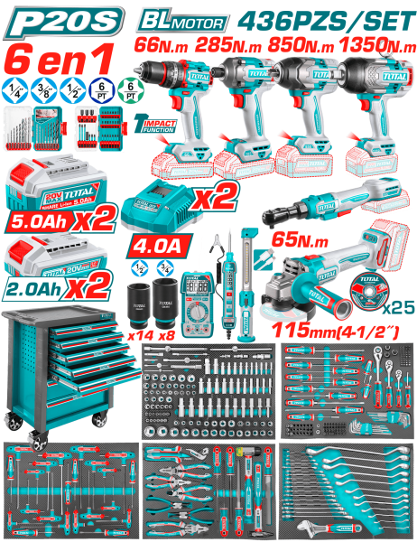 SET GABINETE 7C (6EN1) + HERRAMIENTAS + LLAVE IMPACTO 20V 850NM 436PCS INDUSTRIAL THPTCS84362